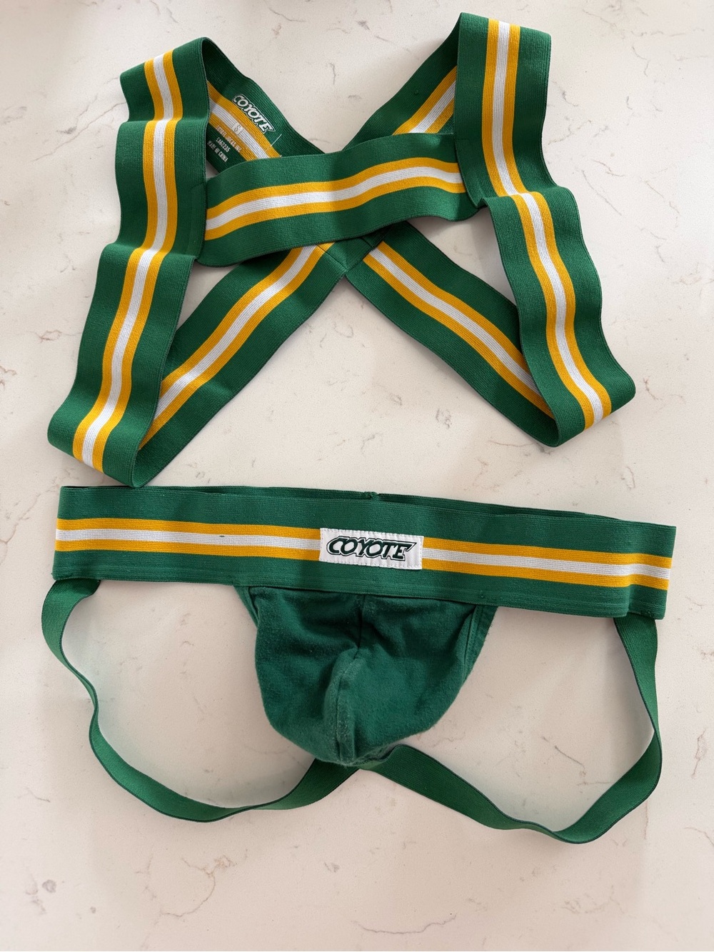Coyote Green & Yellow Striped Jockstrap & harness set